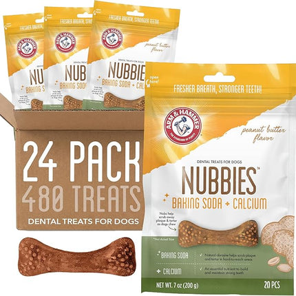 Arm & Hammer for Pets Nubbies Dental Treats for Dogs with Baking Soda & Calcium, Treat Chews Help Fight Bad Breath, Plaque & Tartar Without Brushing, Peanut Butter, 20 Pcs, 24pk (Packaging May Vary)