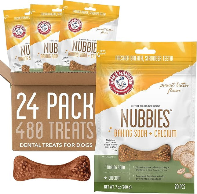 Arm & Hammer for Pets Nubbies Dental Treats for Dogs with Baking Soda & Calcium, Treat Chews Help Fight Bad Breath, Plaque & Tartar Without Brushing, Peanut Butter, 20 Pcs, 24pk (Packaging May Vary)