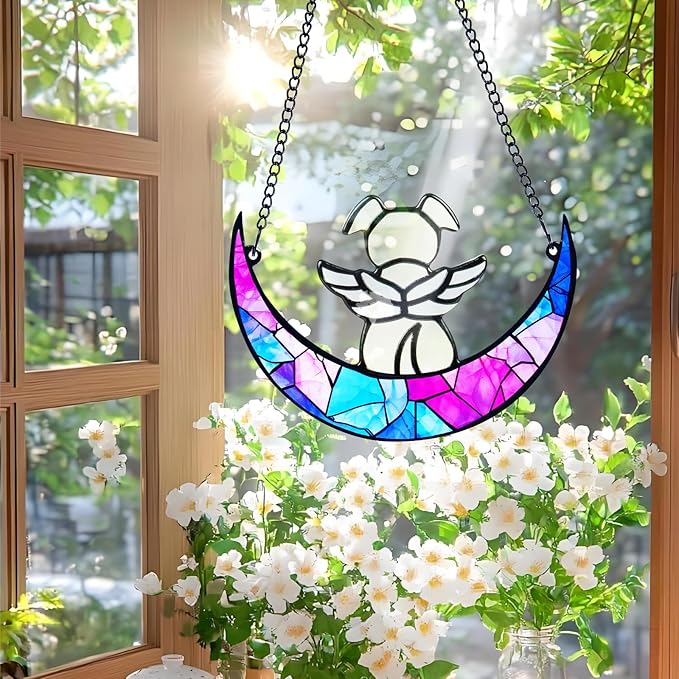 Stained Glass Angle Dog Memorial Suncatcher for Loss of Dog Sympathy Gifts, Dog Memorial Gifts with Sympathy Card, Dog Remembrance Gifts for Pet Lovers, Dog on Moon Ornaments for Window Hanging