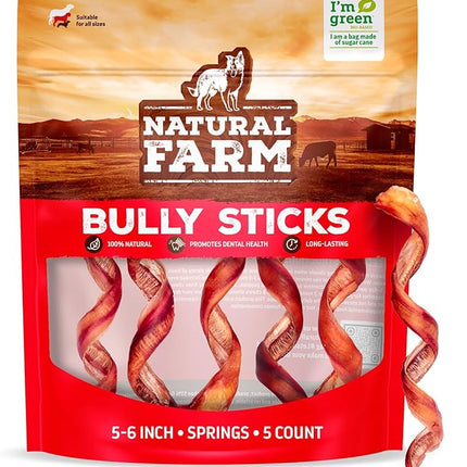 Natural Farm Odor-Free Curly Bully Sticks, (5-6 Inch, 5 Pack), Fully Digestible, 100% Beef Pizzle Chews, More Engagement & Fun, Grass-Fed, Non-GMO, Fully Digestible - Best for Small & Medium Chewers