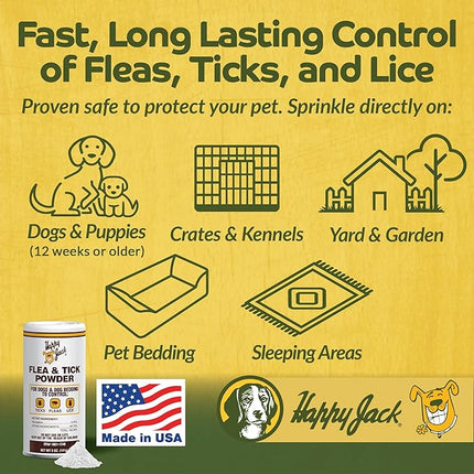 Happy Jack Flea and Tick Powder for Dogs & Puppies, Flea Powder for Flea Treatment & Control, Kills Pests, Ticks & Lice, Odorless & Non-Staining, Dust on Sleeping Quarters & Dogs (5 oz)