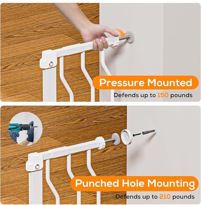 29-57" Baby Gate for Stairs, Baby Safety Essentials, Auto Close Gate for Doorways, Easy Install Pressure Mounted Dog Gate Indoor, Pet Gates for Dogs, White