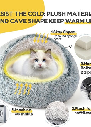 CATISM Cozy Cat Pod - Plush Hooded Cat Bed Cave, Self Warming, Removable Washable with Non-Slip Bottom