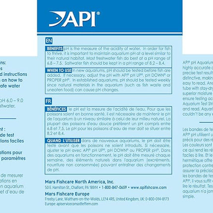API TEST STRIPS,For Variety of Water Parameters,Monitor aquarium water quality and help prevent invisible water problems that can be harmful to fish,Use weekly and when problems appear,25-Count (33F)