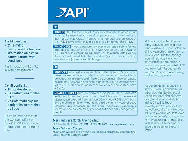 API TEST STRIPS,For Variety of Water Parameters,Monitor aquarium water quality and help prevent invisible water problems that can be harmful to fish,Use weekly and when problems appear,25-Count (33F)