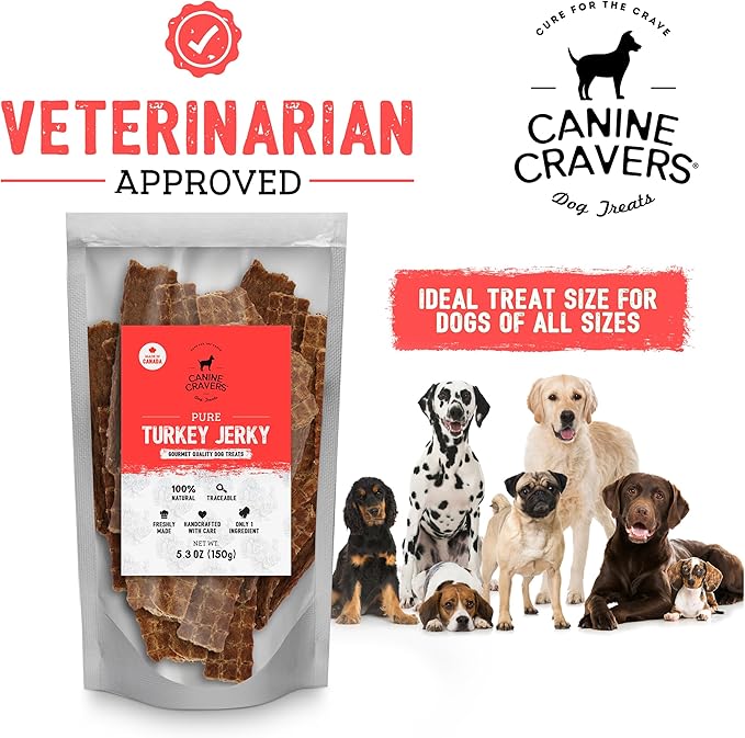 Canine Cravers Single Ingredient Dog Treats – Pure Turkey Jerky - Human Grade Air Dried Hypoallergenic Pet Food – Grain, Gluten, and Soy Free – 100% All Natural – 5.3 oz