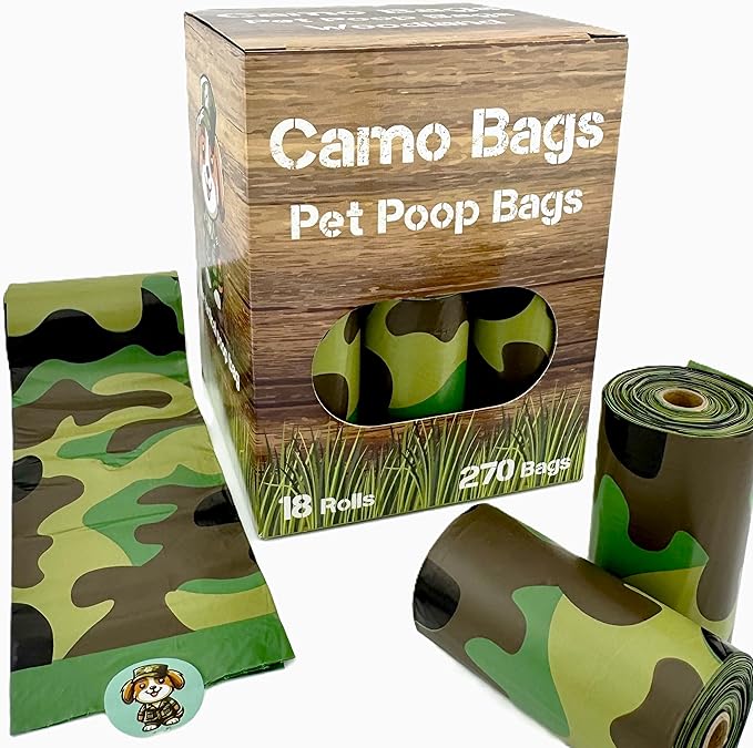 Pet poop bags with a camouflage pattern. Dog poop bags rolls for dog walking, dog parks, and the yard.