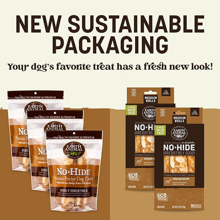 Earth Animal No Hide Chews - Long Lasting Rawhide Free Medium Dog Chews Rolls, Venison - 6 Count