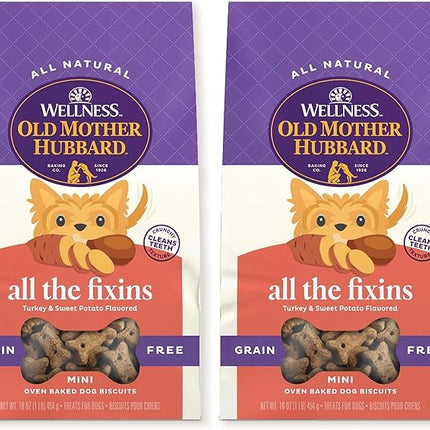 Old Mother Hubbard by Wellness All The Fixins Grain Free Natural Dog Treats, Crunchy Oven-Baked Biscuits, Ideal for Training, Mini Size, 16 Ounce Bag (Pack of 2)