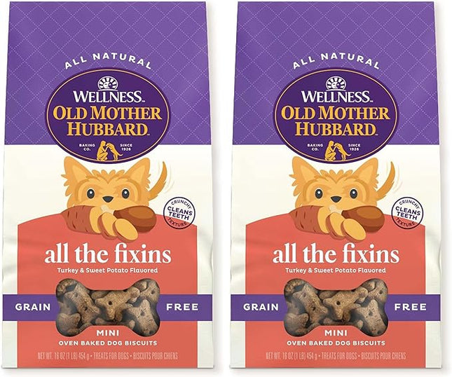 Old Mother Hubbard by Wellness All The Fixins Grain Free Natural Dog Treats, Crunchy Oven-Baked Biscuits, Ideal for Training, Mini Size, 16 Ounce Bag (Pack of 2)
