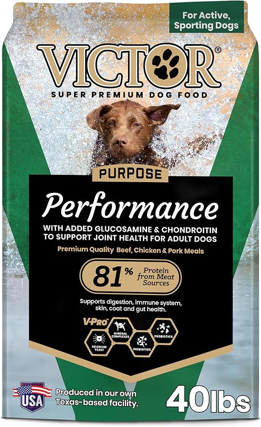VICTOR Super Premium Dog Food – Performance Dry Dog Food from Beef, Chicken and Pork Meal – 26% Protein for Active Adult Dogs – Includes Glucosamine and Chondroitin for Hip and Joint Health, 40lbs