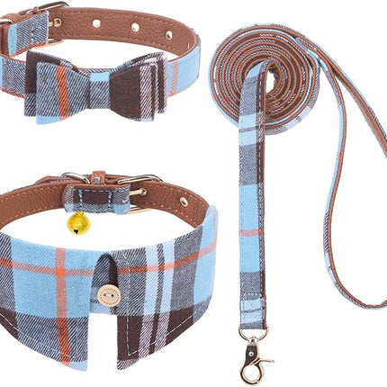 EXPAWLORER Puppy Collar and Leash Set - Classic Plaid Small Dog Collar with Bow Tie, 360 Swivel No Tangle Dog Leash, Adjustable Dog Collar for Small Medium Dogs Cats, Sky Blue XS