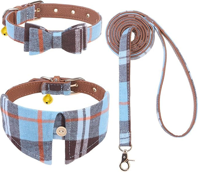 EXPAWLORER Puppy Collar and Leash Set - Classic Plaid Small Dog Collar with Bow Tie, 360 Swivel No Tangle Dog Leash, Adjustable Dog Collar for Small Medium Dogs Cats, Sky Blue S