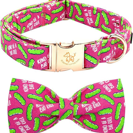 Elegant little tail Dog Collar, Dill Pickles Print Pet Collars with Bow Soft Cutton Boy Puppy Gift Adjustable Pink Bowtie Dog Collar for X-Small Puppy
