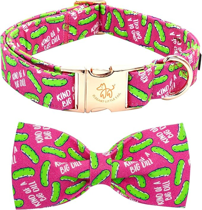Elegant little tail Dog Collar, Dill Pickles Print Pet Collars with Bow Soft Cutton Boy Puppy Gift Adjustable Pink Bowtie Dog Collar for Small Puppy