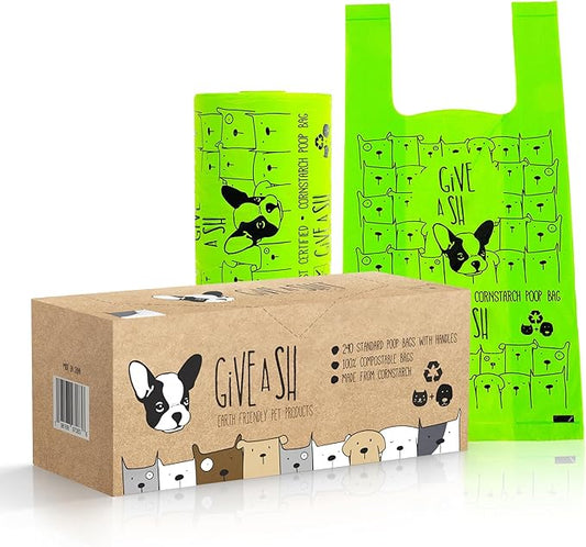 Certified Home Compostable Dog Poop Bags with Handles - 10% to Charity - ASTM D6400 & EN 13432 Compliant - 240 x Large Plant Based Compostable Poop Bags (1 Pantry Roll)