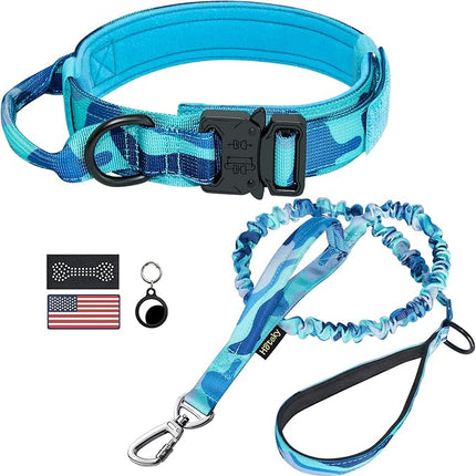 Hotsky Tactical Dog Collar and Leash Set, Heavy Duty Military Airtag Dog Collar with Handle and Metal Buckle for Training and Walking, with Airtag Holder and Two Patches (Blue Camo, L)