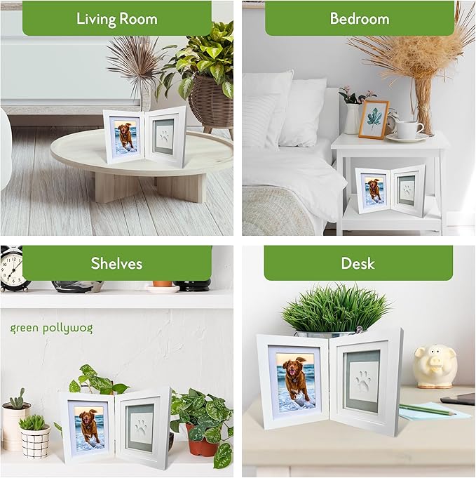 Green Pollywog | Paw Print Pet Keepsake Hinge Photo Frame + Clay Print Kit | Tabletop Photo Frame + Extra-Large Air-Dry Clay Imprint Kit | 4” x 6” Picture Openings