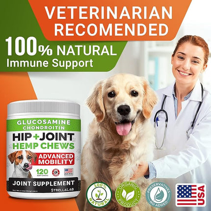 Large Breed Hemp + Glucosamine Dog Joint Supplement - Hemp Chews for Dogs Hip Joint Pain Relief - Omega 3, Chondroitin, MSM - Advanced Mobility Hemp Oil Treats for Large Dogs - Made in USA - 240 Ct