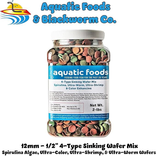 Aquatic Foods Inc. 4-Type 12mm - 1/2" Sinking Wafer Mix of Spirulina-Algae, Ultra-Worm, Ultra-Shrimp, Color Enhancing Wafers for Shrimp, Snails, Crabs, Crayfish, All Tropical Fish...2-lb Med Jar