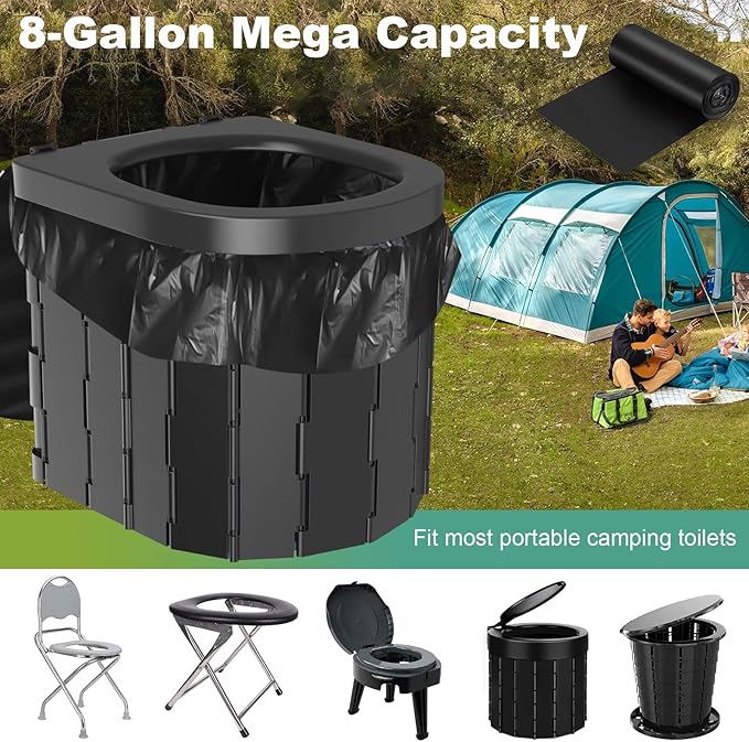 20 PCS Portable Toilet Bags for Camping - 100% Compostable & Biodegradable Toilet Replacement Bags, 8 Gallon Thickened Bucket Liner for Outdoor Boating Trip, Trash Bags Plastic Free