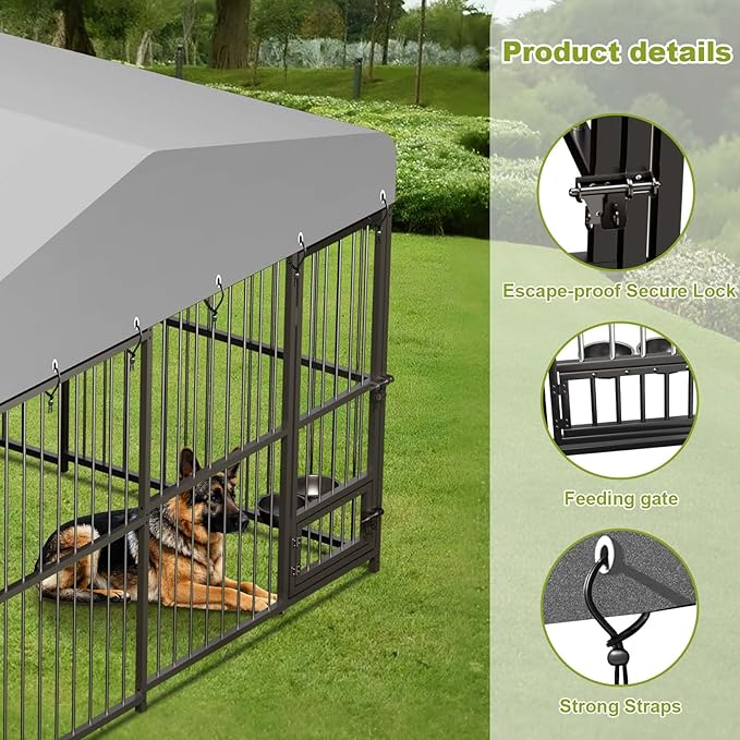 10 x 10FT Large Dog Kennel, Heavy Duty Metal Outdoor Dog Kennel, Outside Dog Playpen with Roof & Feeding Door