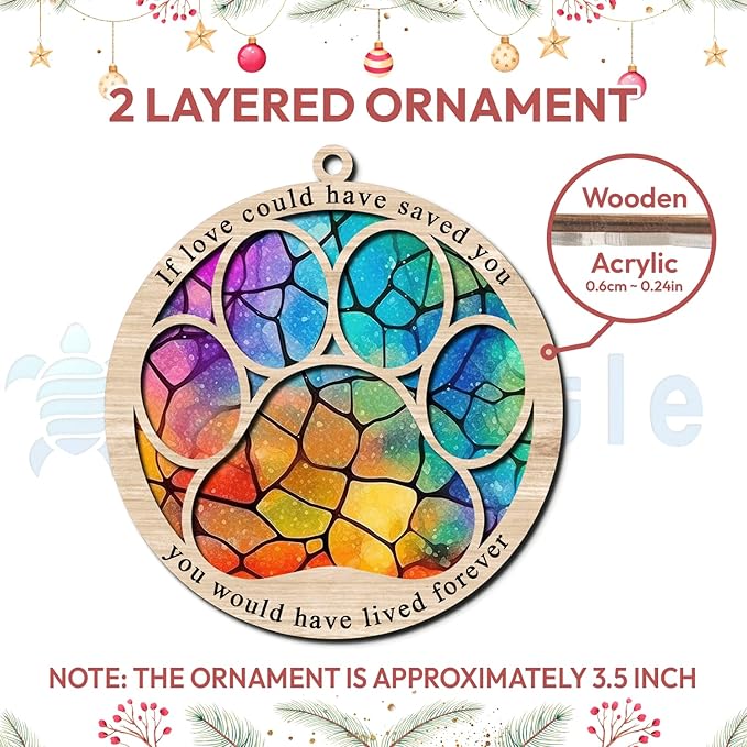 Hyturtle Pet Memorial Suncatcher - Paw Ornament for Loss of Dog or Cat - Sympathy Remembrance Gift for Christmas