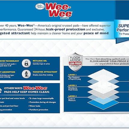 Four Paws Wee-Wee Superior Performance Unscented Pee Pads for Dogs & Puppies, Quilted Leak-Proof Dog Housebreaking Potty Training Floor Protection, 22" x 23", 100 Count
