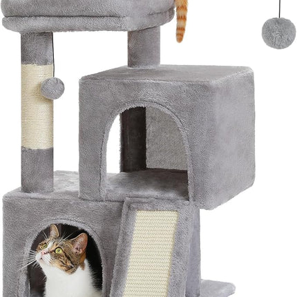 PAWZ Road Cat Tree, 30 Inches Cat Tower with Dual Condos for Indoor Cats, Plush Cat House with Padded Perch, Scratching Ramp and Posts and Replaceable Balls-Gray