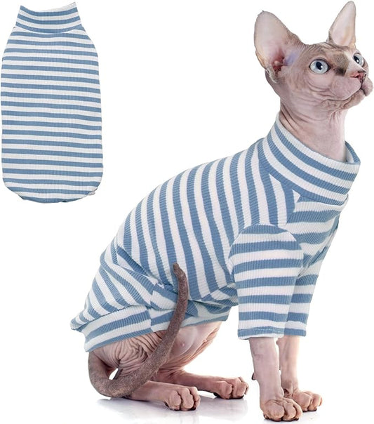 PUMYPOREITY Sphynx Cat Clothes - Soft Hairless Shirt With Sleeves, Stretchy Sweater, Pullover Pajamas Jumpsuit, Turtleneck Outfit for Sphynx Cornish Rex, Devon Rex - Blue, S