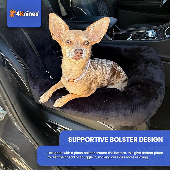 4Knines Dog Car Seat – Plush Travel Bed for SUVs, Trucks & Sedans – Comfortable, Supportive & Secure Ride for Small and Medium Dogs – Washable, Non-Slip Bottom, UV-Resistant Straps & Clips - Black