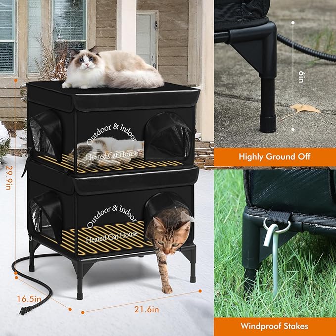 2 Story Heated Cat House for Outside, 100% Waterproof, Safe Escape Door, Elevated Base, Weatherproof Insulated Shelter for Stray Feral Barn Cat