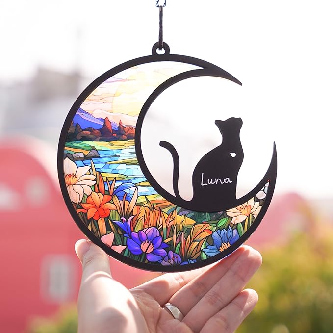 6'' DIY Cat on Moon Memorial Suncatcher, Personalized Name Cat Sympathy Ornament Window Hanging, Ideas Gift for Loss of Pet Passing Away, Remembrance Keepsake for Pet Lovers SCC-B11-6-03