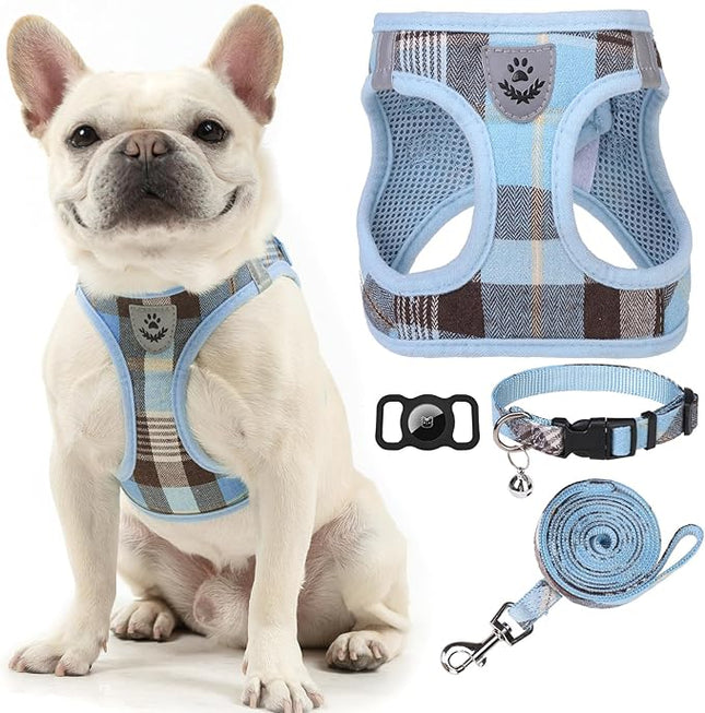 EXPAWLORER Classic Plaid Puppy Harness - Small Dog Harness and Leash Set - Dog Collar and Leash Set with AirTag Holder, Soft Padded Step in Dog Vest Harness No Pull Reflective for Outdoor, Blue XXS