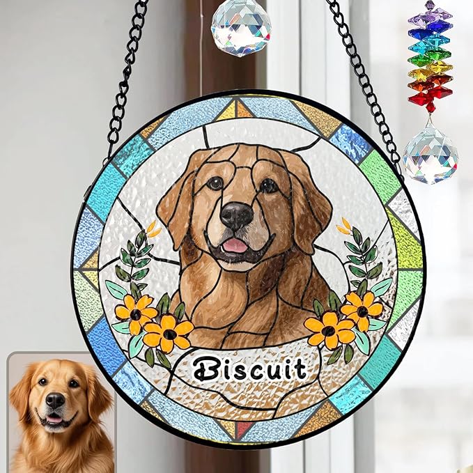 Gabita Custom Pet Portrait Stained Glass Ornaments, Memorial Dog Portrait Art Window Hanging, Dogs Cat Ornament Christmas Tree, Dog Sympathy Gift, Pet Memorial Ornament