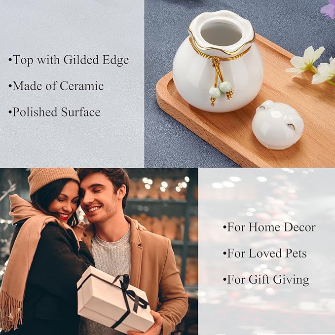 SOITIS Pet Memorial Urn for Cat or Dog Ashes - 3.54"x3.15" Elegant Ceramic Keepsake Holder with Cat-Shaped Lid & Gold Trim, Small White Urn for Pet Ashes