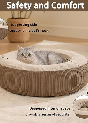 Calming Cat Bed with Anti-Slip Bottom, Washable Removable Round Cozy Pet Bed for Indoor Cats, Small Dogs, Kittens & Puppies 20”x20”x6”