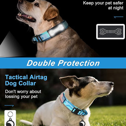 Hotsky Tactical Dog Collar and Leash Set, Heavy Duty Military Airtag Dog Collar with Handle and Metal Buckle for Training and Walking, with Airtag Holder and Two Patches (Blue Camo, XL)