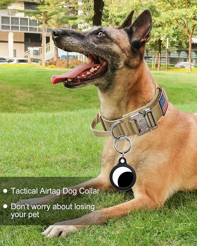 Hotsky Tactical Dog Collar, Adjustable Military Training Nylon Airtag Collar with Handle and Heavy Duty Metal Buckle for Medium Large Dogs, with Airtag Holder and Two Patches（Brown,M）
