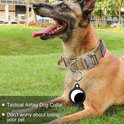 Hotsky Tactical Dog Collar, Adjustable Military Training Nylon Airtag Collar with Handle and Heavy Duty Metal Buckle for Medium Large Dogs, with Airtag Holder and Two Patches （Brown,XL）