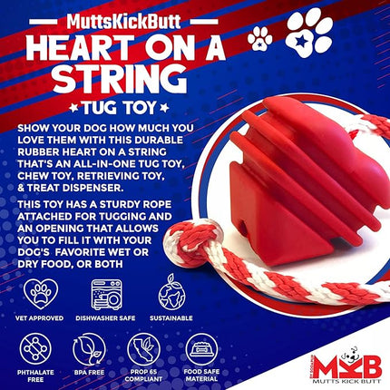 SodaPup MuttsKickButt Heart on a String – Durable Dog Tug Toy, Chew Toy, & Treat Dispenser Made in USA from Non-Toxic, Pet-Safe, Food Safe Natural Rubber for Bonding, Exercise, Training, & More