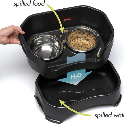 Neater Feeder Deluxe Mess Proof Cat Bowls Elevated for All Breeds – Made in USA – No Spill Raised Cat Bowls for Indoor Cats w/Leg Extensions – Stainless Steel Cat Food and Water Bowl Set - Black