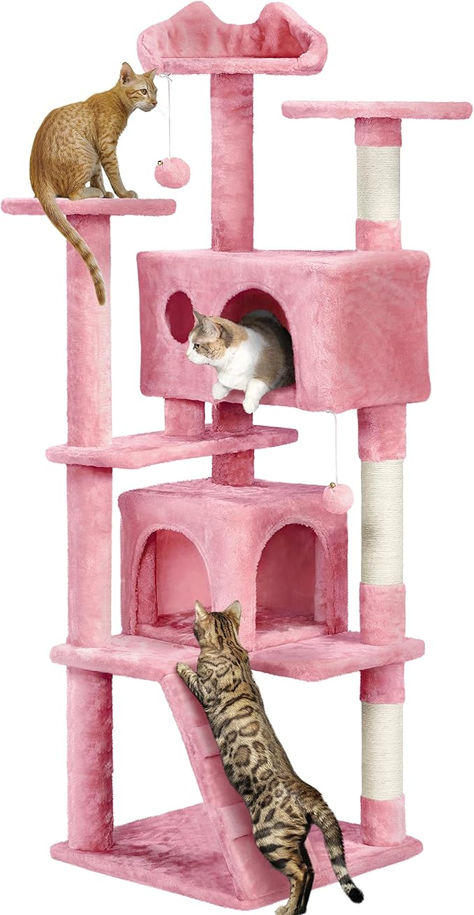 Yaheetech 62in Cat Tree Tower for Indoor Cats, Kitten Furniture with Double Condo, Scratching Posts, Multiple Platforms and Balls for Kitty, Pink