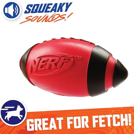 Nerf Dog Rubber Football Dog Toy with Interactive Squeaker, Lightweight, Durable and Water Resistant, 5 Inch Diameter for Medium/Large Breeds, Single Unit, Red
