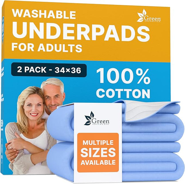 GREEN LIFESTYLE 100% Cotton Washable Underpads - Large Bed Pads for use as Incontinence Bed Pads, Reusable Pet Pads, Great for Dogs, Cats, Bunny, Seniors Bed Pad (Pack of 2 - 34x36)