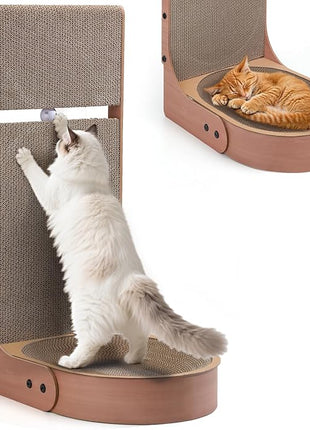 Cat Scratcher, 2 in 1 Multifunctional 26.8 Inch L Shape Cat Scratch Pad Wall Mounted with Oval Cat Bed Bowl and Built-in Toy Balls for Indoor Cats (1 PCS Cat Scratcher Include Toy Balls)