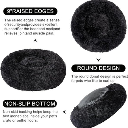Dog Calming Beds for Medium Large Dogs - Round Donut Washable Puppy Dog Bed, Anti-Slip Faux Fur Fluffy Donut Cuddle Anxiety Cat Pet Bed(28'' Black)