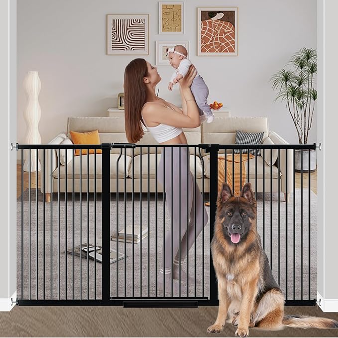 40.55" Extra Tall Baby Gate for Stairs-71.3"-76.7" Wide 1.37" Ultra Narrow Spacing Extra Wide Pet Cat Gate Dog Gate-Auto-Close Pressure Mounted Dog Door for Pets and Kids,Black