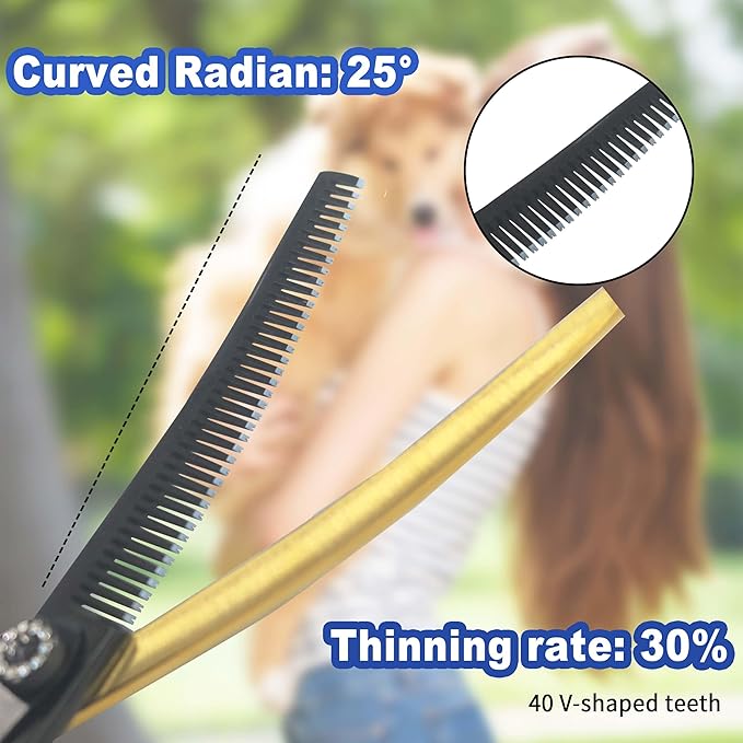7" Curved Thinner Dog Scissor, Curved Blender Scissors, 40 Teeth, 30% Thinning Rate, Professional Pet Shear for Groomer, Ergonomic Dog Grooming Scissor, Dogs Shear for Grooming