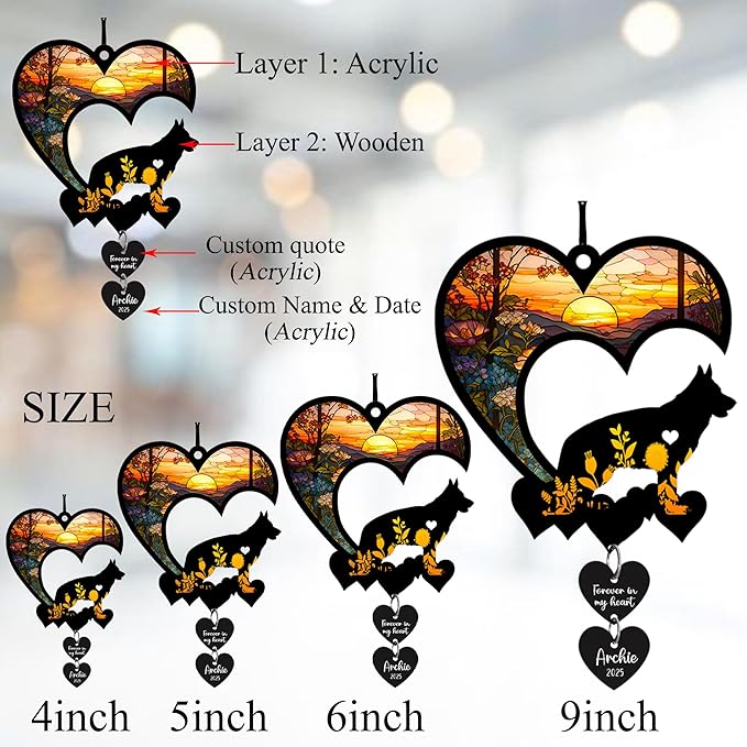 LOVELYPOD Personalized Dog Memorial Suncatcher, Custom Pet Memorial Gifts for Loss of Dog, SunCatcher Gift for Someone Who Lost a Pet, Dogs Remembrance Stained Glass, Hanging Garden Decor with Heart